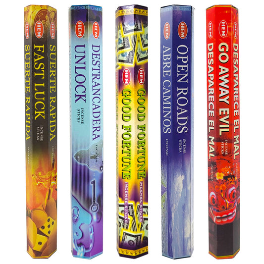 5-PACK SAMPLER #2 "Positivity & Fortune", HEM Incense Sticks 20-Stick Hex Packs