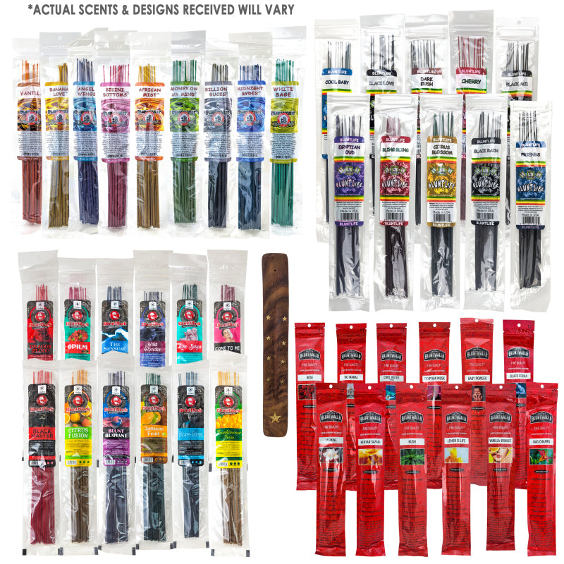 Blunt Incense Mega Pack: 10.5" Incense, 40 Assorted Packs from 4 Brands + Incense Holder