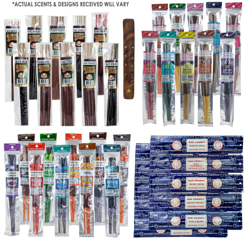 Fragrance Incense Mega Pack: 10.5" Incense, 40 Assorted Packs from 4 Brands + Incense Holder