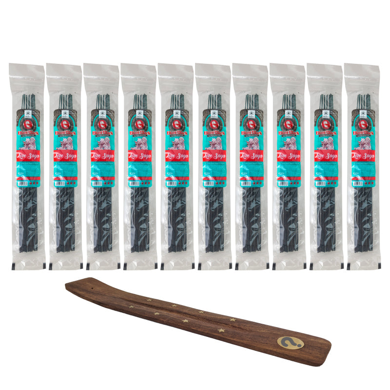 10-Pack + Incense Holder Set: Love Saga Scent 10.5" Blunt Black Incense