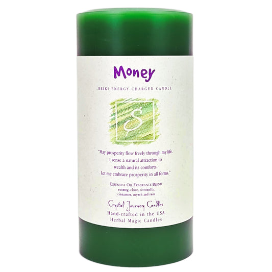 6" Reiki Charged Herbal Pillar Candle, Money