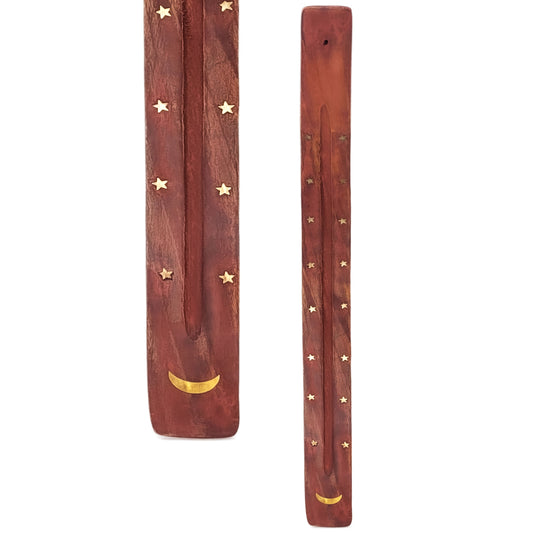 Extra-Long 20" Jumbo Wood Incense Burner & Ash Catcher, Moon Design
