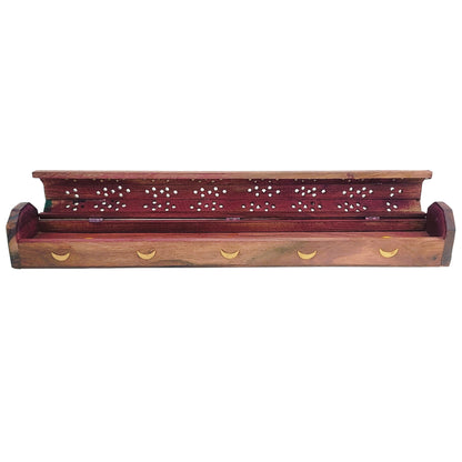 Extra-Long 20" Carved JUMBO Incense Holder Box with Storage, Moon Design