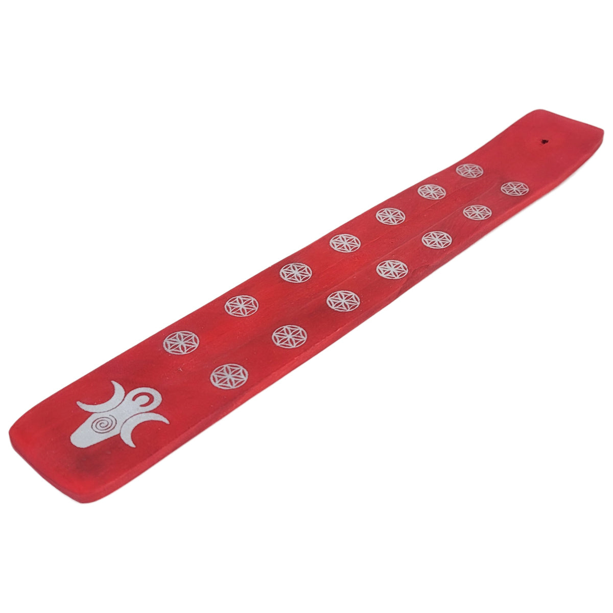 10" Wood Incense Burner & Ash Catcher, Triple Moon Goddess (Red) Design