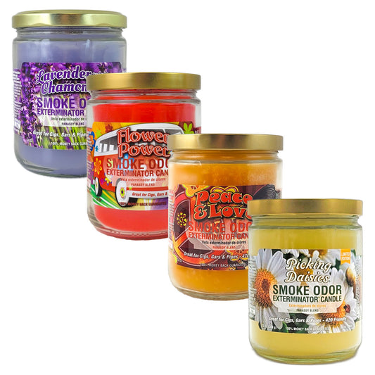 4-PACK "Peaceful Florals" SAMPLER, 4" Glass Jar 13oz Smoke Odor Exterminator Candles, by Tobacco Outlet Products