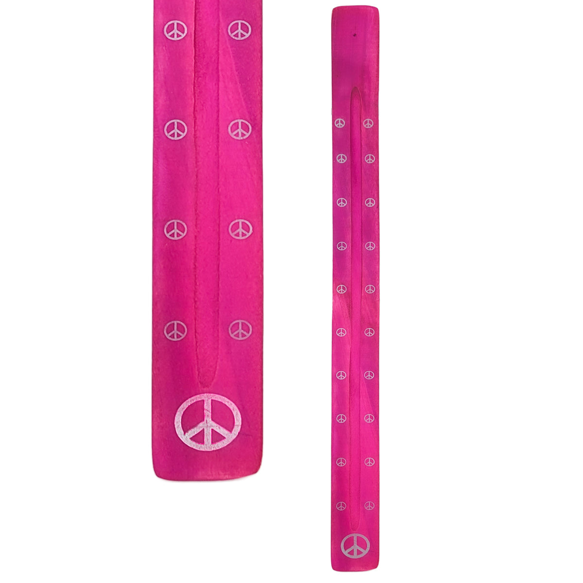 Extra-Long 20" Jumbo Wood Incense Burner & Ash Catcher, Peace Sign (Pink) Design