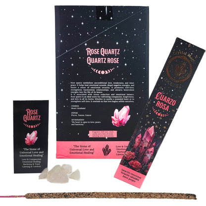 Rose Quartz 15g 8" Incense Pack + Crystals, by Crystal Magic Incense