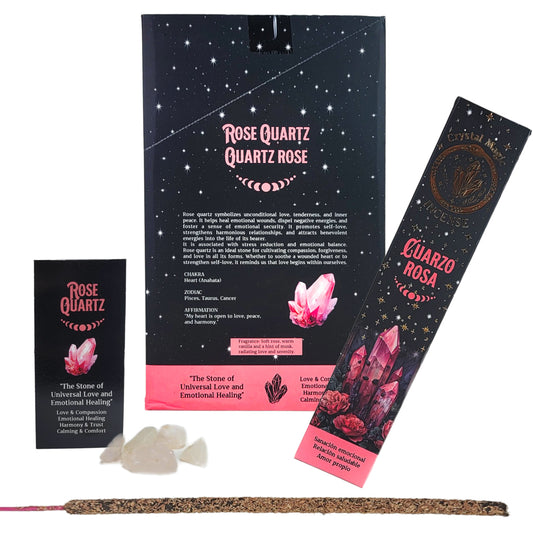 Rose Quartz 15g 8" Incense Pack + Crystals, by Crystal Magic Incense