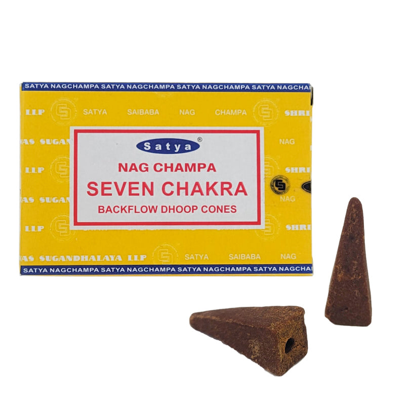 Seven Chakras Backflow Dhoop Incense Cones, Box of 10 Cones, by Satya
