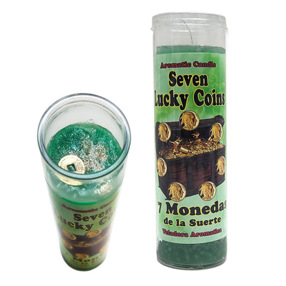 Prepared 7 Day Candle, Seven Lucky Coins, by Mama Mojo
