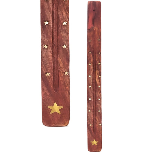 Extra-Long 20" Jumbo Wood Incense Burner & Ash Catcher, Stars Design