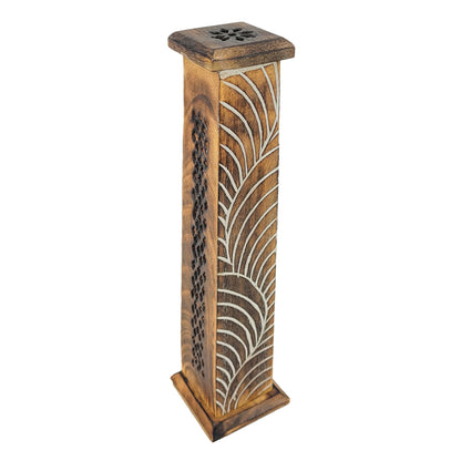 Wood Incense Tower w/ Removable Base, Brown Feather Design