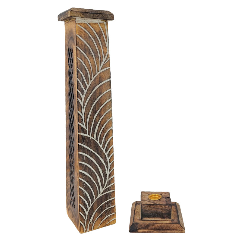 Wood Incense Tower w/ Removable Base, Brown Feather Design
