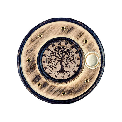 4" Round Wood Incense Cone Burner & Ash Catcher, Tree of Life Design