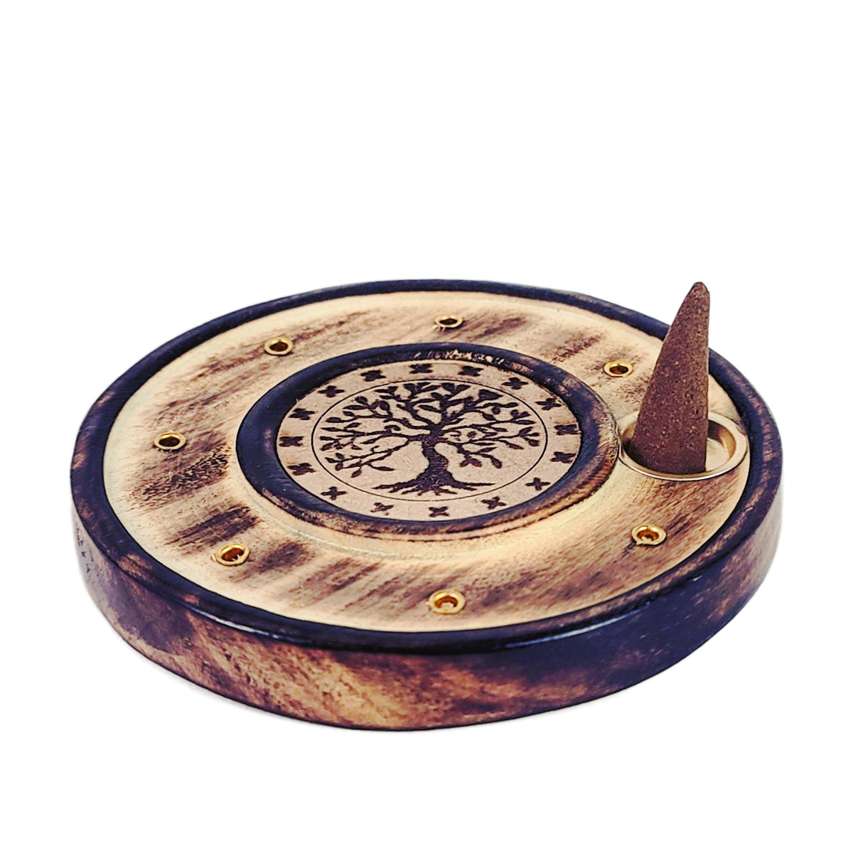 4" Round Wood Incense Cone Burner & Ash Catcher, Tree of Life Design