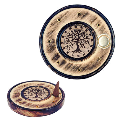 4" Round Wood Incense Cone Burner & Ash Catcher, Tree of Life Design