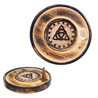4" Round Wood Incense Cone Burner & Ash Catcher, Triquetra Design
