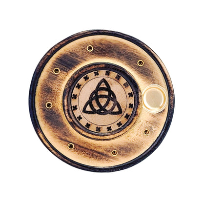 4" Round Wood Incense Cone Burner & Ash Catcher, Triquetra Design