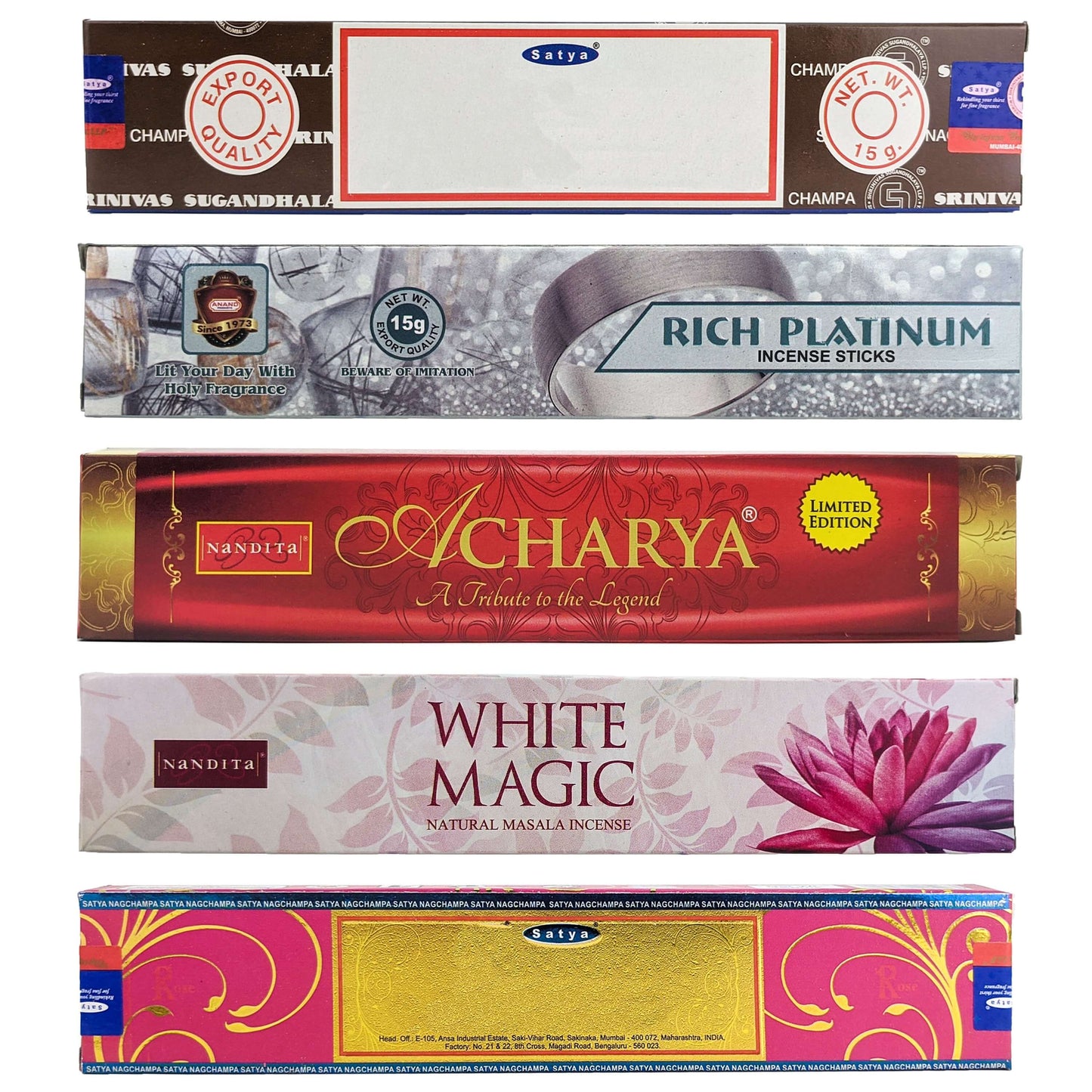 Assorted 5-Pack Traditional Incense Sticks, 3 Different Brands, 15g Packs