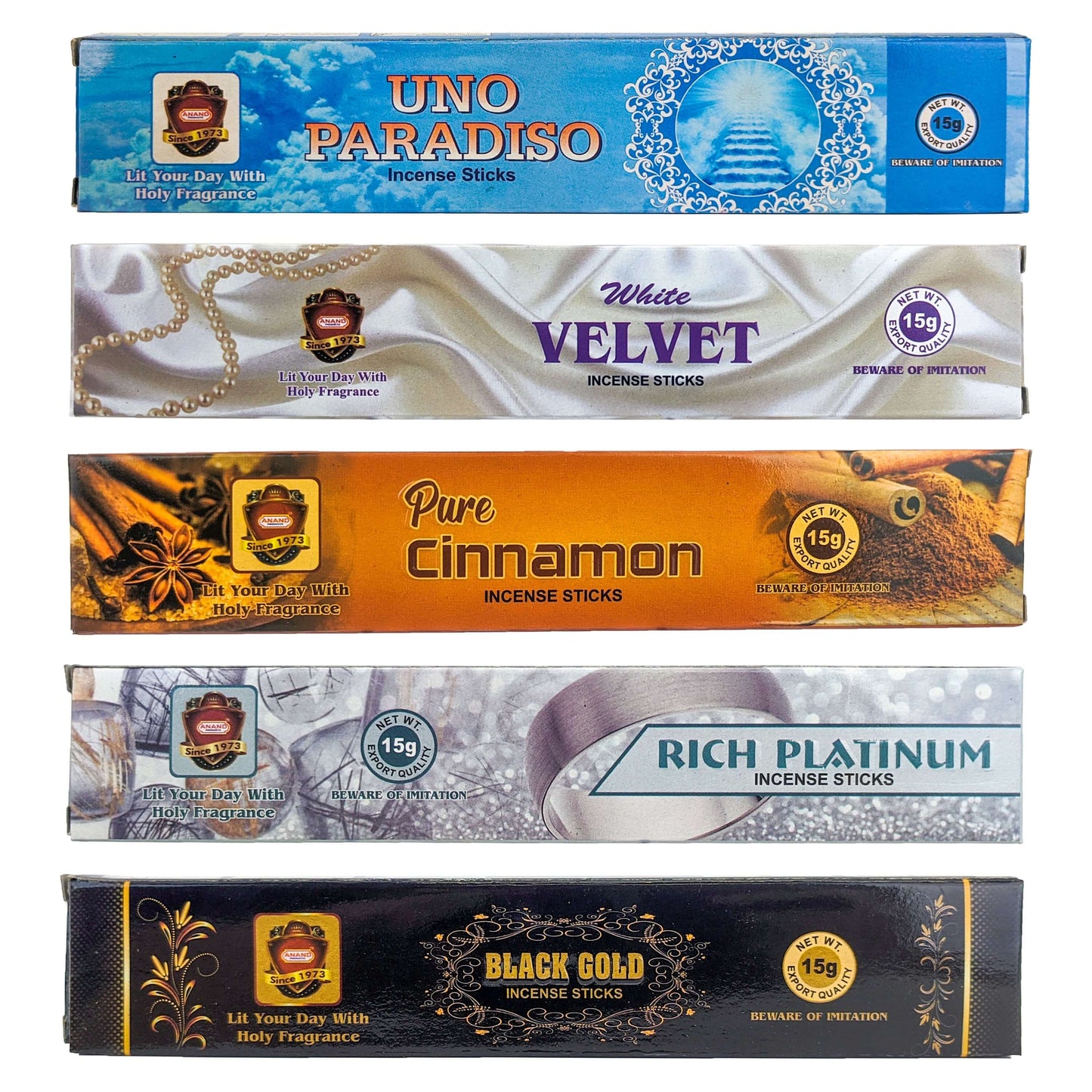 Assorted 5-Pack Anand Incense Sticks, 15g Packs