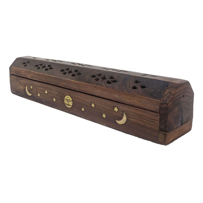 Carved Incense Holder Box with Storage, Sun Moon & Stars Design