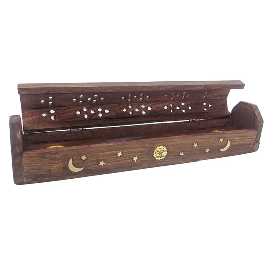 Carved Incense Holder Box with Storage, Sun Moon & Stars Design