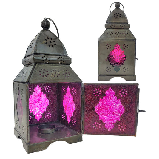 Temple Pink/Purple Metal & Glass Candle Lantern