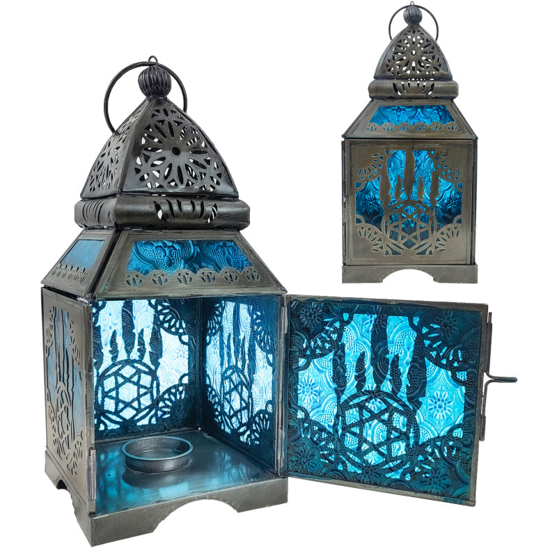 Dream Catcher Blue Metal & Glass Candle Lantern
