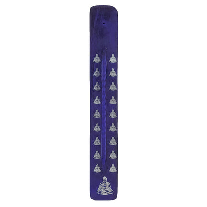 10" Wood Incense Burner & Ash Catcher, Purple Buddha Design