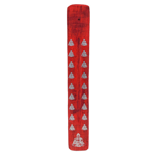 10" Wood Incense Burner & Ash Catcher, Red Buddha Design