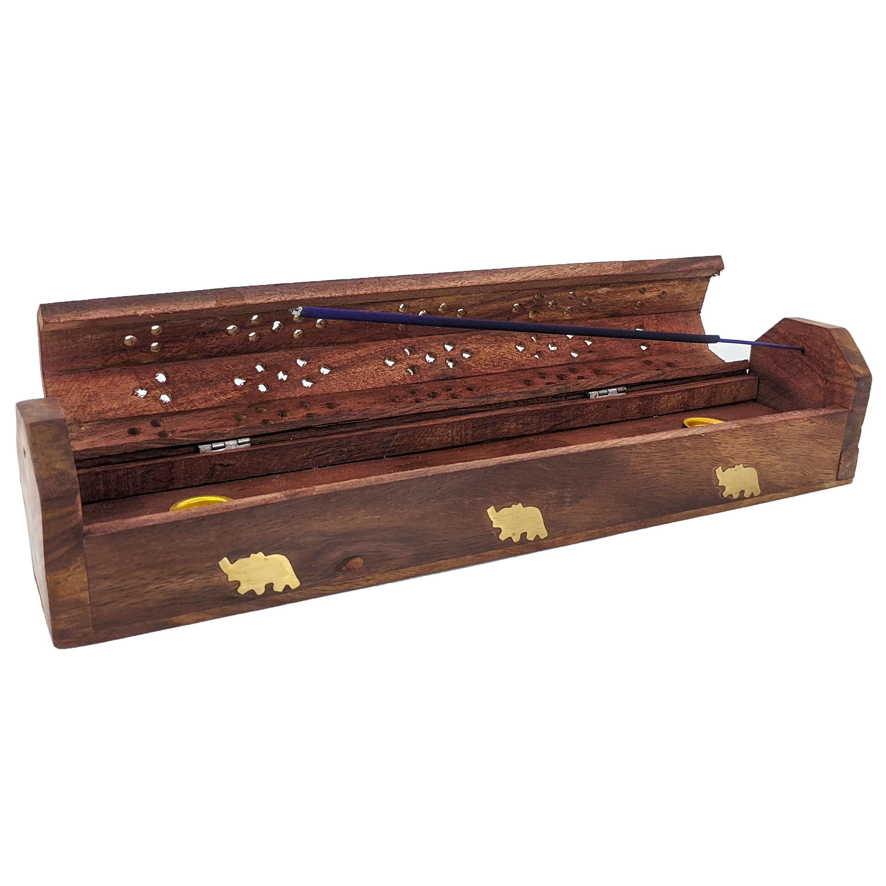 OM SHRI OM Wooden Coffin Incense Burner – Holder For Sticks & Cones, With Ash Catcher