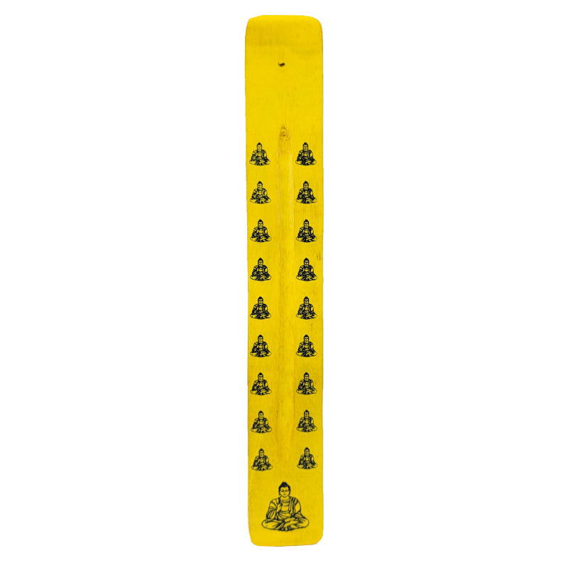 10" Wood Incense Burner & Ash Catcher, Yellow Buddha Design
